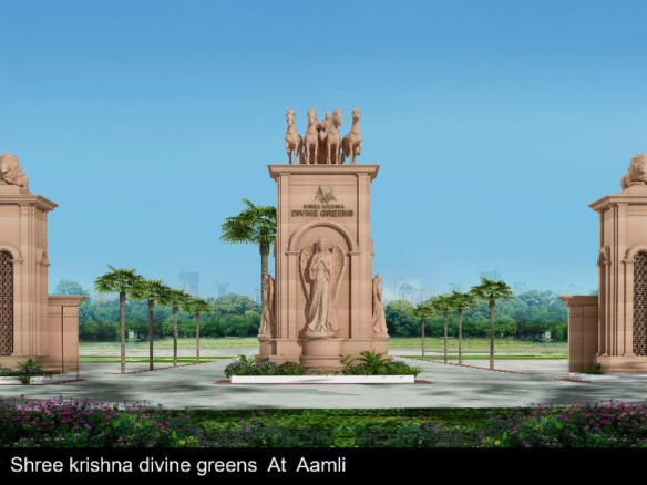 Gated community main entrance gate of Shrikrishna Divine Greens premium residential plots off Indore-Ujjain Road.