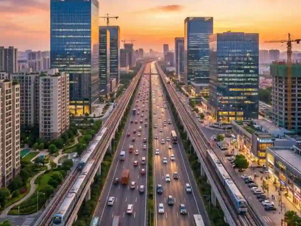 Aerial view of the modern Indore-Pithampur Economic Corridor showing wide highways, green residential zones, and futuristic IT parks.