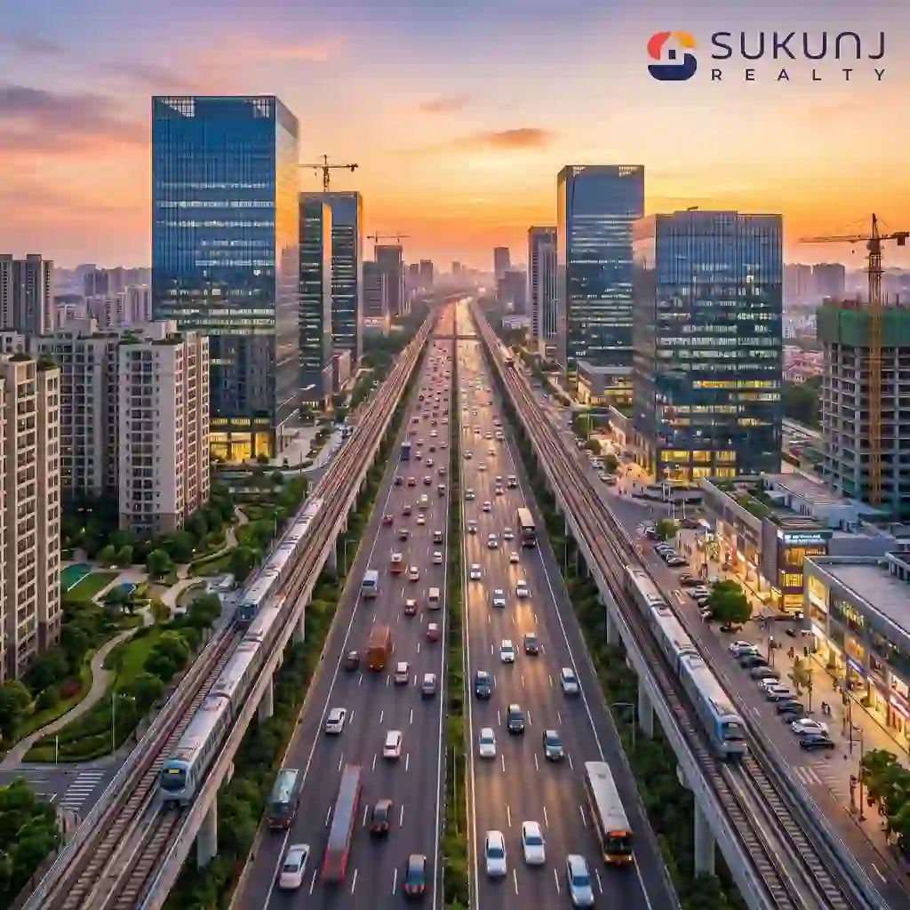 Aerial view of the modern Indore-Pithampur Economic Corridor showing wide highways, green residential zones, and futuristic IT parks.