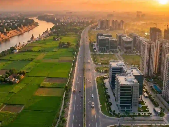 Aerial view of the growing real estate and infrastructure in the Indore Ujjain Metropolitan Region.