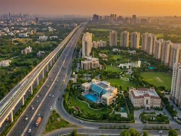 Aerial view of new infrastructure, mega-highways, and luxury townships built near prime Indore-Ujjain corridor plots.
