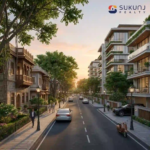 A scenic street view of Old Palasia showing modern apartments and heritage homes in Indore.