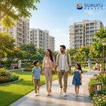 A family enjoying a safe, green park in one of the best residential areas for families in Indore.