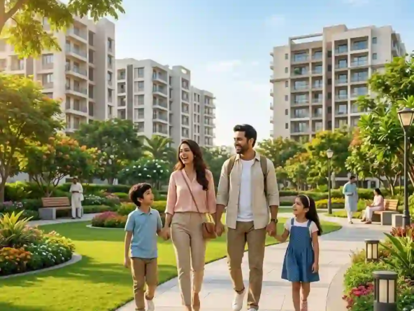 A family enjoying a safe, green park in one of the best residential areas for families in Indore.