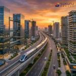 An elevated metro train and modern highways representing massive Indore real estate infrastructure development.