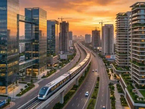 An elevated metro train and modern highways representing massive Indore real estate infrastructure development.