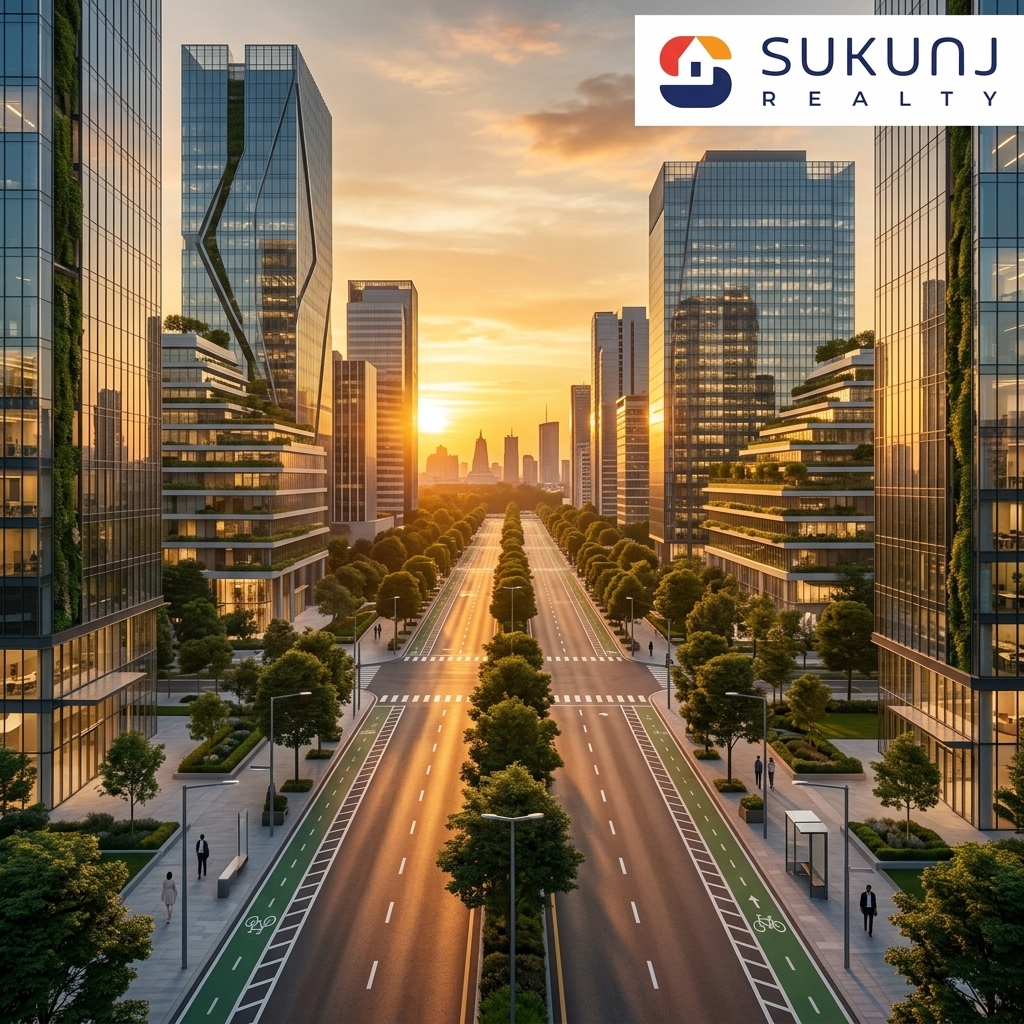 Modern high-rise residential towers and smart city infrastructure representing the best areas for real estate investment in Indore 2026.