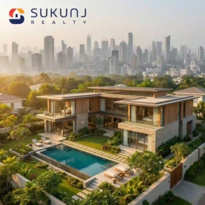 A luxurious, spacious modern villa in Indore surrounded by lush greenery, symbolizing the premium lifestyle sought by professionals relocating from crowded megacities.