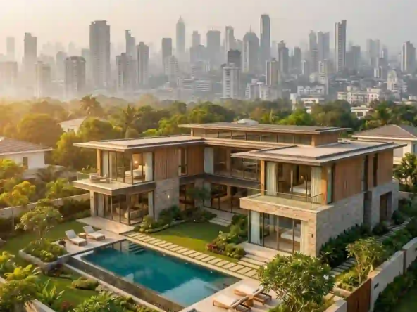A luxurious, spacious modern villa in Indore surrounded by lush greenery, symbolizing the premium lifestyle sought by professionals relocating from crowded megacities.