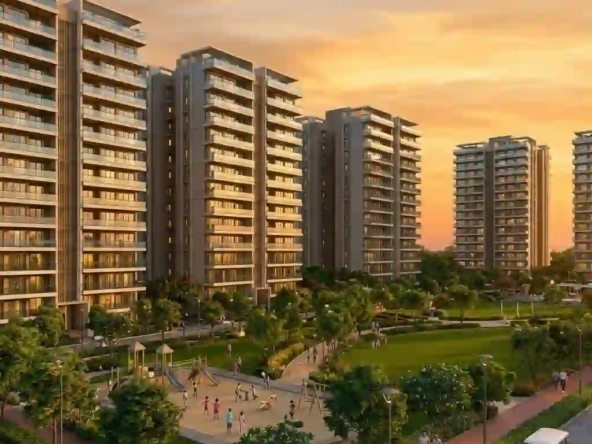 A vibrant and modern family-friendly residential township in Indore featuring green parks, safe walking paths, and luxury high-rise apartments.