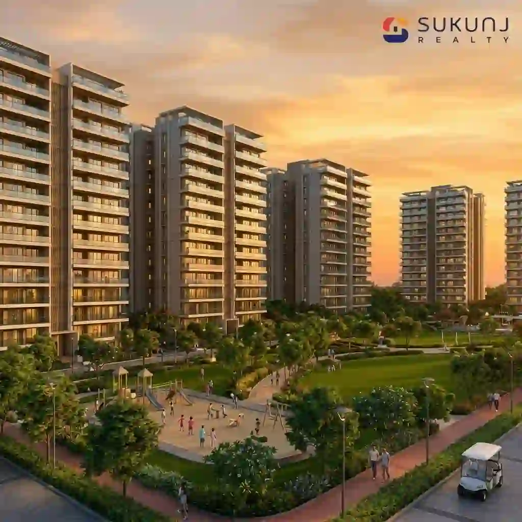 A vibrant and modern family-friendly residential township in Indore featuring green parks, safe walking paths, and luxury high-rise apartments.