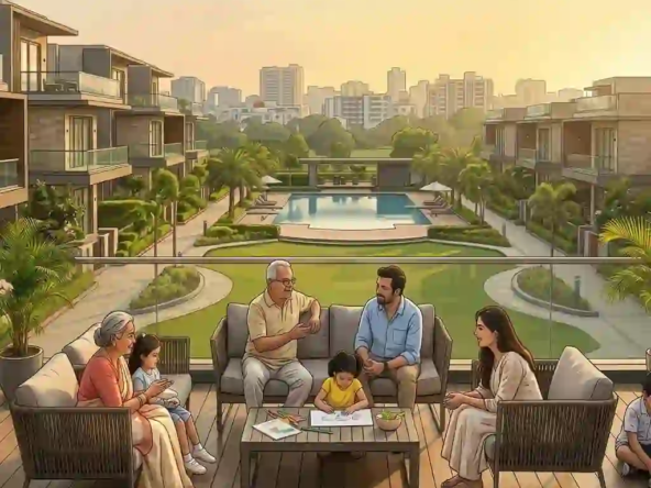 A candid moment of a family sitting on a plush sofa inside a high-end, luxury apartment with elegant interior design in Indore, Madhya Pradesh.