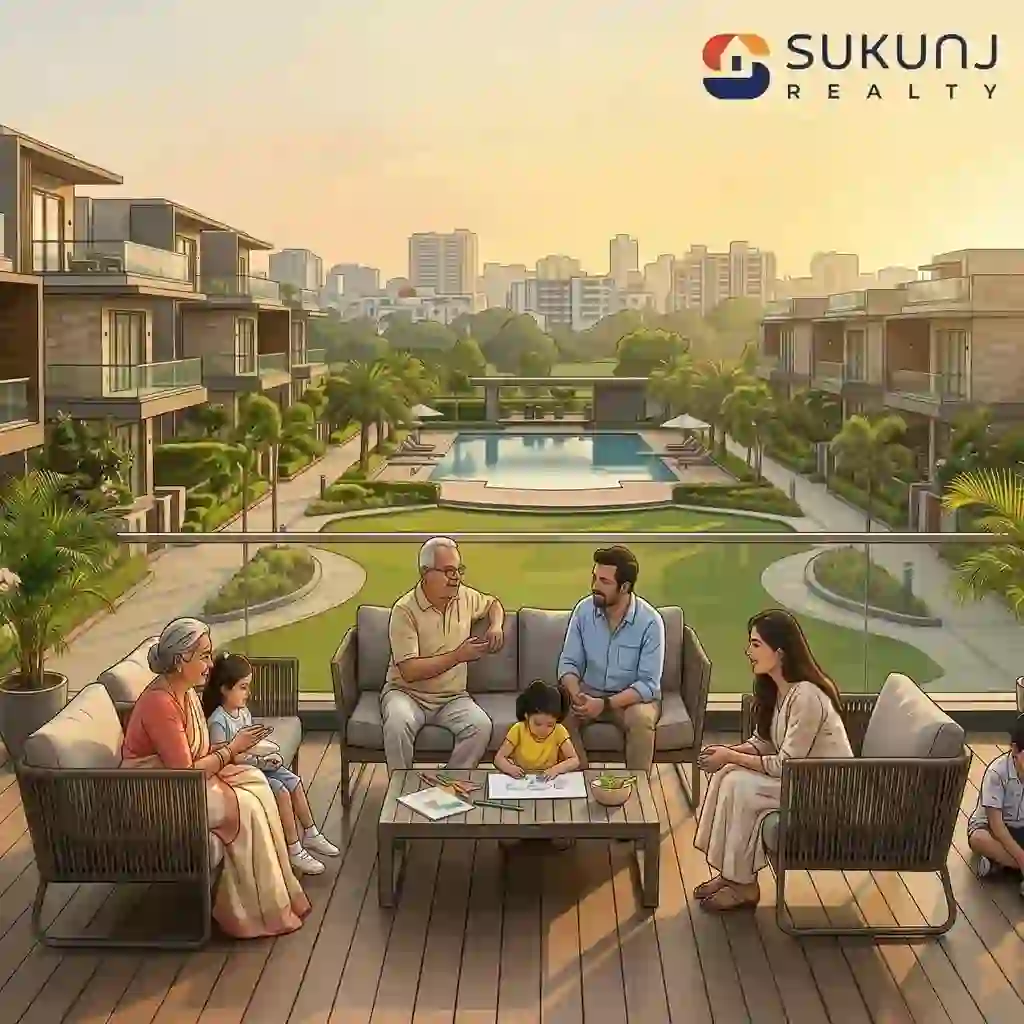 A candid moment of a family sitting on a plush sofa inside a high-end, luxury apartment with elegant interior design in Indore, Madhya Pradesh.
