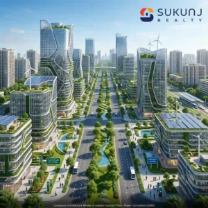 Modern architectural render of the new IT park boosting Super Corridor Real Estate value in Indore.