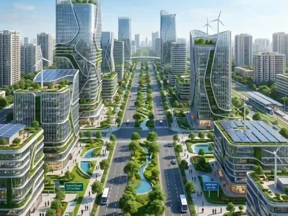 Modern architectural render of the new IT park boosting Super Corridor Real Estate value in Indore.