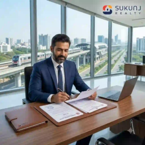 A real estate expert reviewing stamp duty in Indore documents and property registration files in a modern office.
