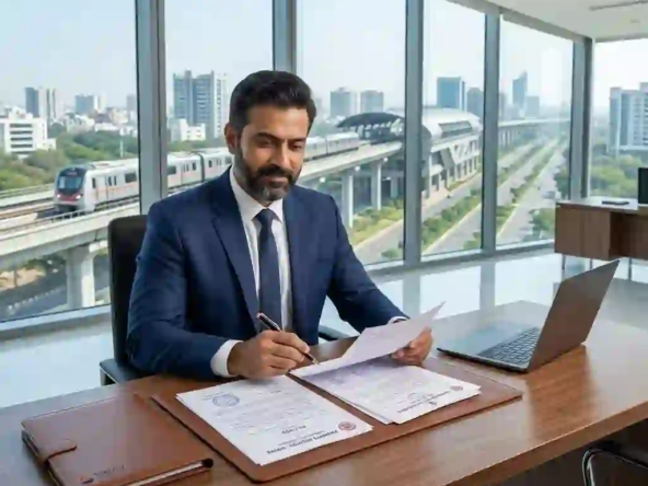 A real estate expert reviewing stamp duty in Indore documents and property registration files in a modern office.