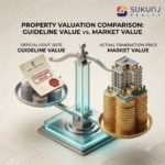 A 3D illustration comparing the Guideline vs. Market Value in Indore, showing the financial gap in real estate pricing.