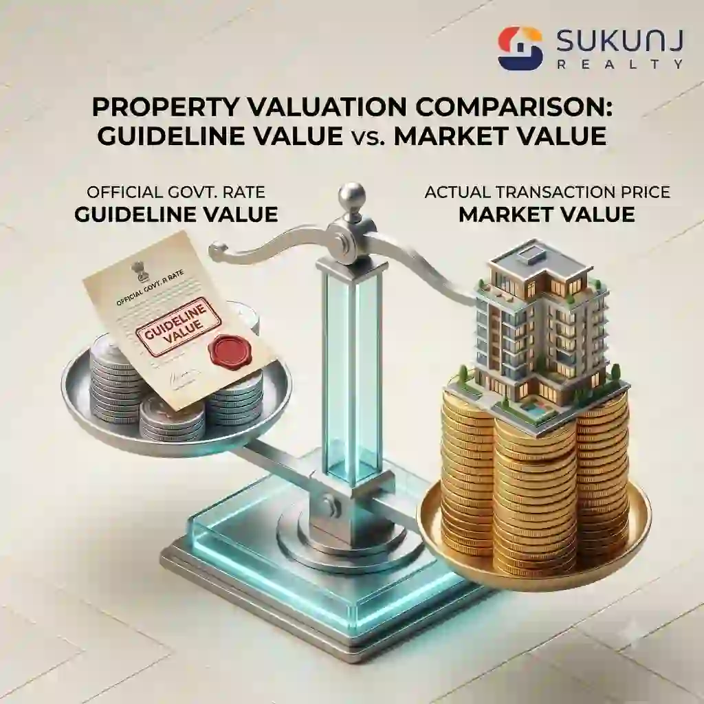 A 3D illustration comparing the Guideline vs. Market Value in Indore, showing the financial gap in real estate pricing.