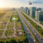 : Aerial view of premium plots in Indore along the rapidly developing Super Corridor infrastructure.