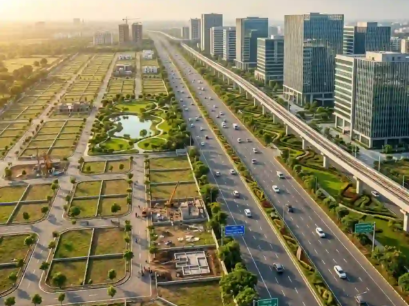 : Aerial view of premium plots in Indore along the rapidly developing Super Corridor infrastructure.
