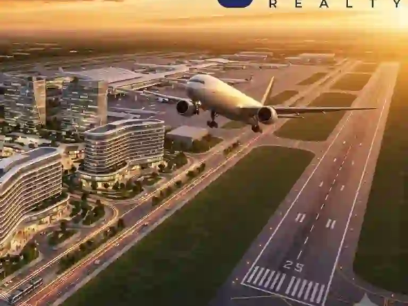 Modern commercial buildings and luxury hotels in the new Aerocity driving Indore airport real estate growth.