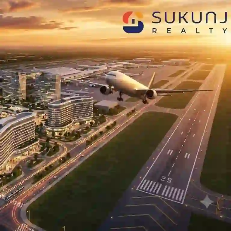 Modern commercial buildings and luxury hotels in the new Aerocity driving Indore airport real estate growth.