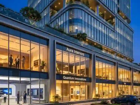 High-yield Grade-A corporate office tower and showroom representing commercial real estate in Indore.