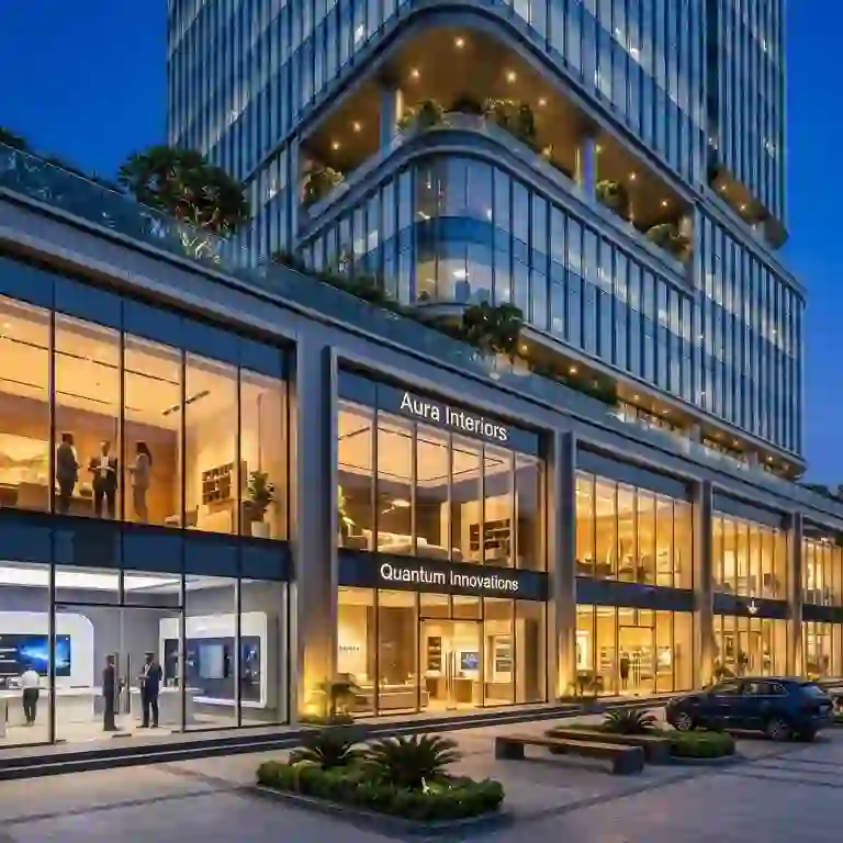 High-yield Grade-A corporate office tower and showroom representing commercial real estate in Indore.