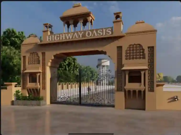 Grand Rajasthani-themed entrance gate of Graceland Highway Oasis premium plotted development on Ujjain Road Indore.