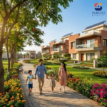 Happy family walking in a green, gated community park representing the best property in Indore.