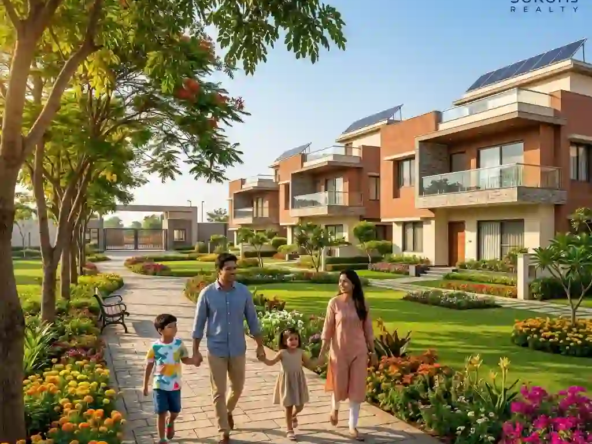 Happy family walking in a green, gated community park representing the best property in Indore.